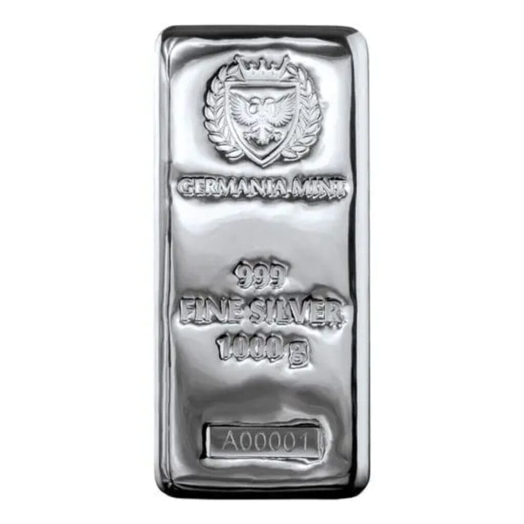 1 Kilo Germania Mint Cast Silver Bar โ obverse with logo, purity, and serial number