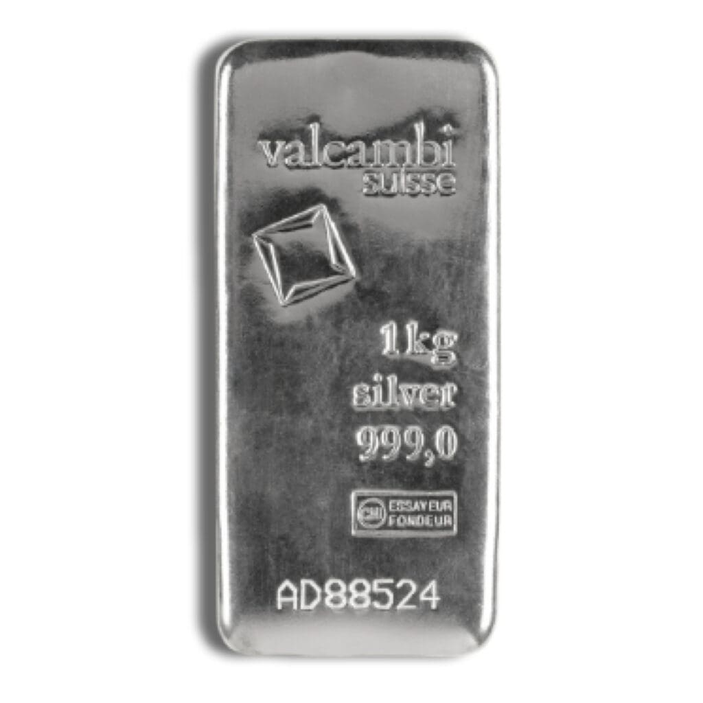 1 Kilo Valcambi Suisse Cast Silver Bar โ obverse with logo and serial number