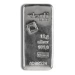 1 Kilo Valcambi Suisse Cast Silver Bar – obverse with logo and serial number