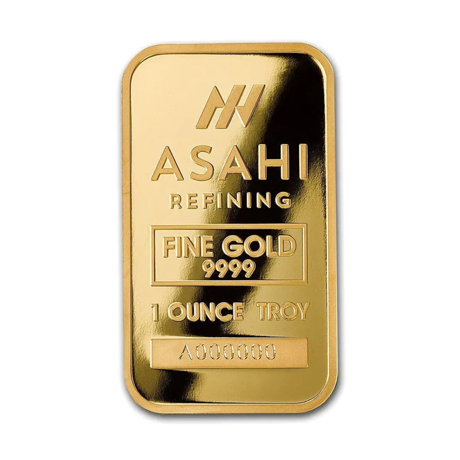 1 oz Asahi Gold Bar – obverse, .9999 fine gold with logo and serial number