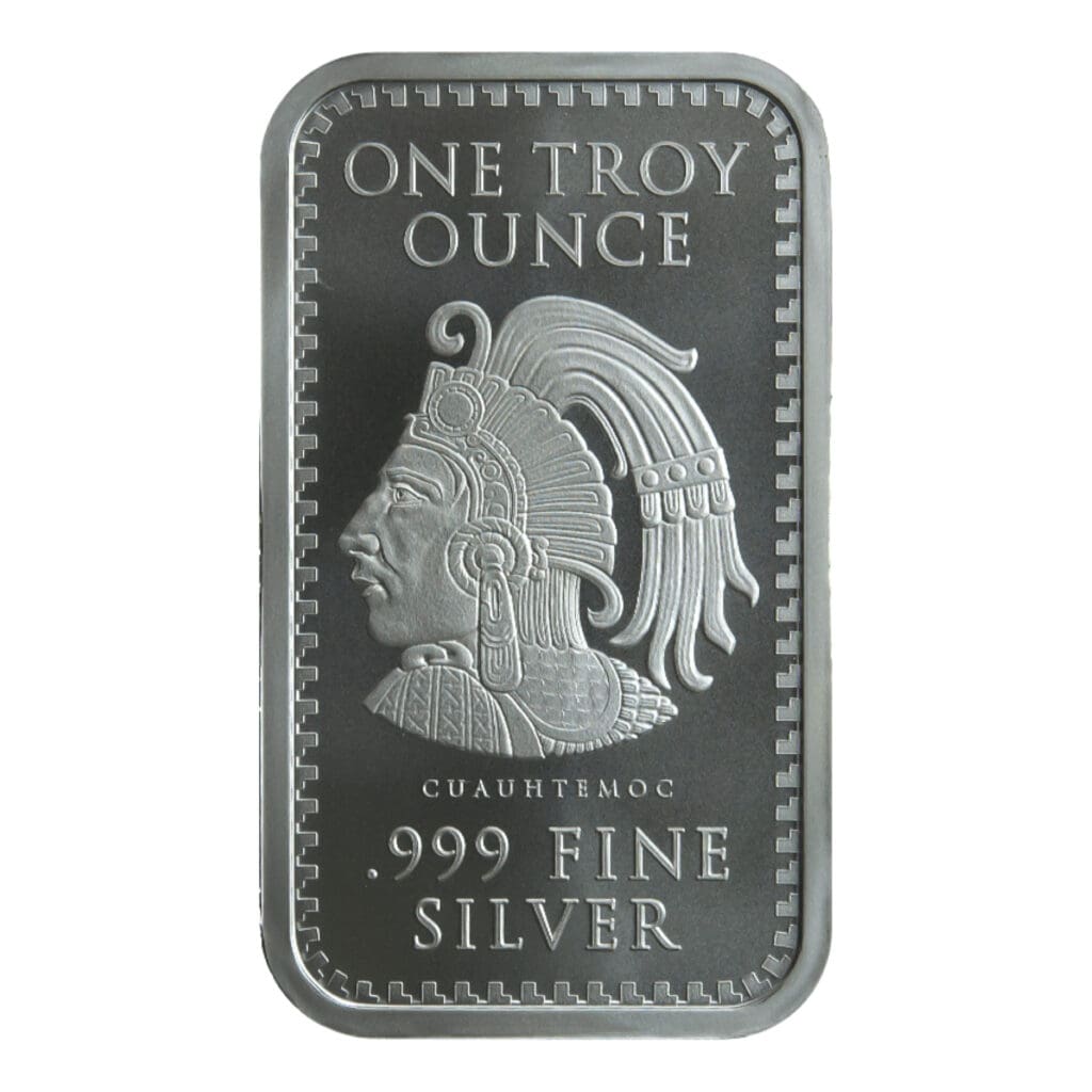 1 oz Silver Bar Aztec Calendar – obverse with detailed Aztec Sun Stone design