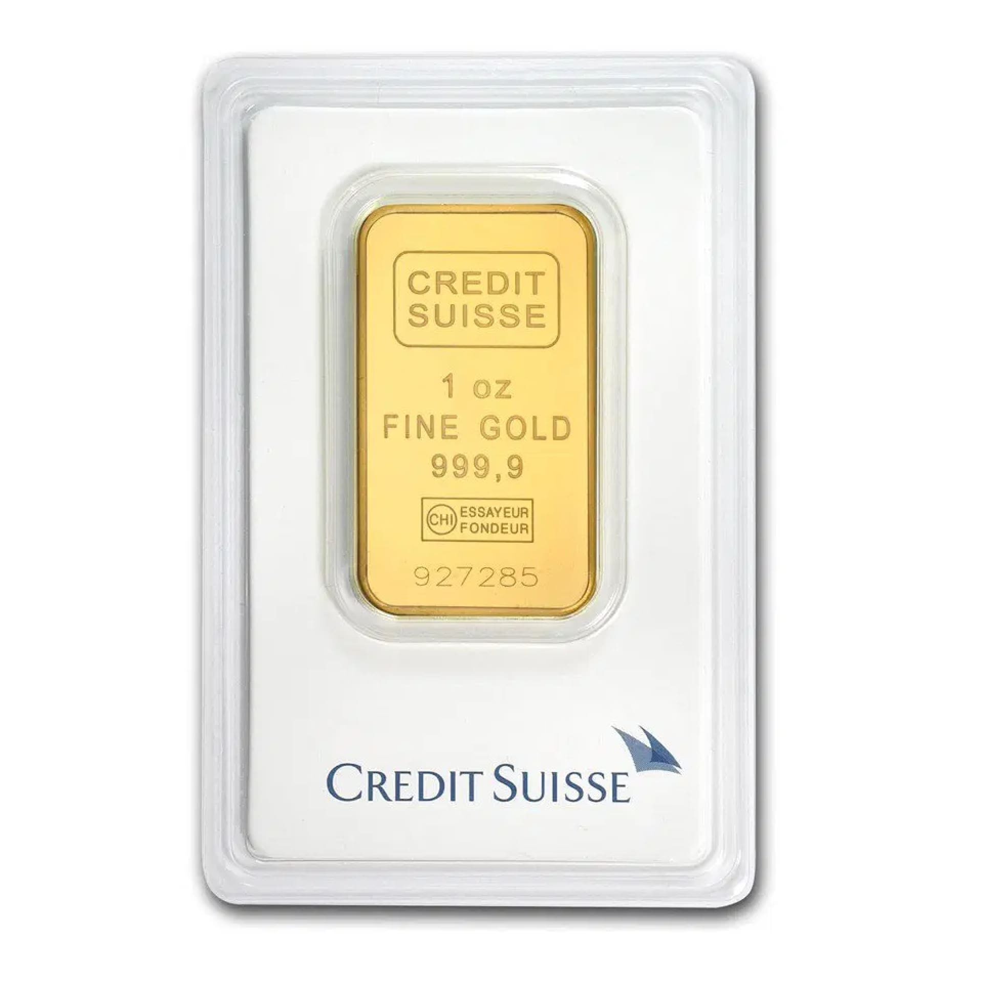 1 oz Credit Suisse Gold Bar – obverse, .9999 fine gold with logo and serial number