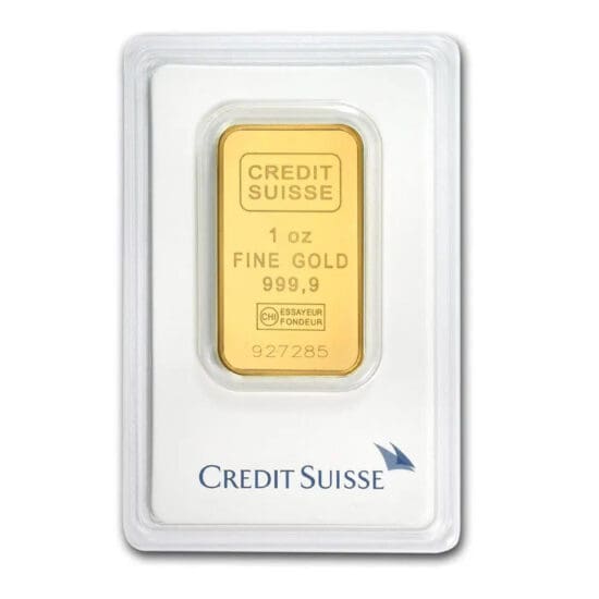 1 oz Credit Suisse Gold Bar – obverse, .9999 fine gold with logo and serial number