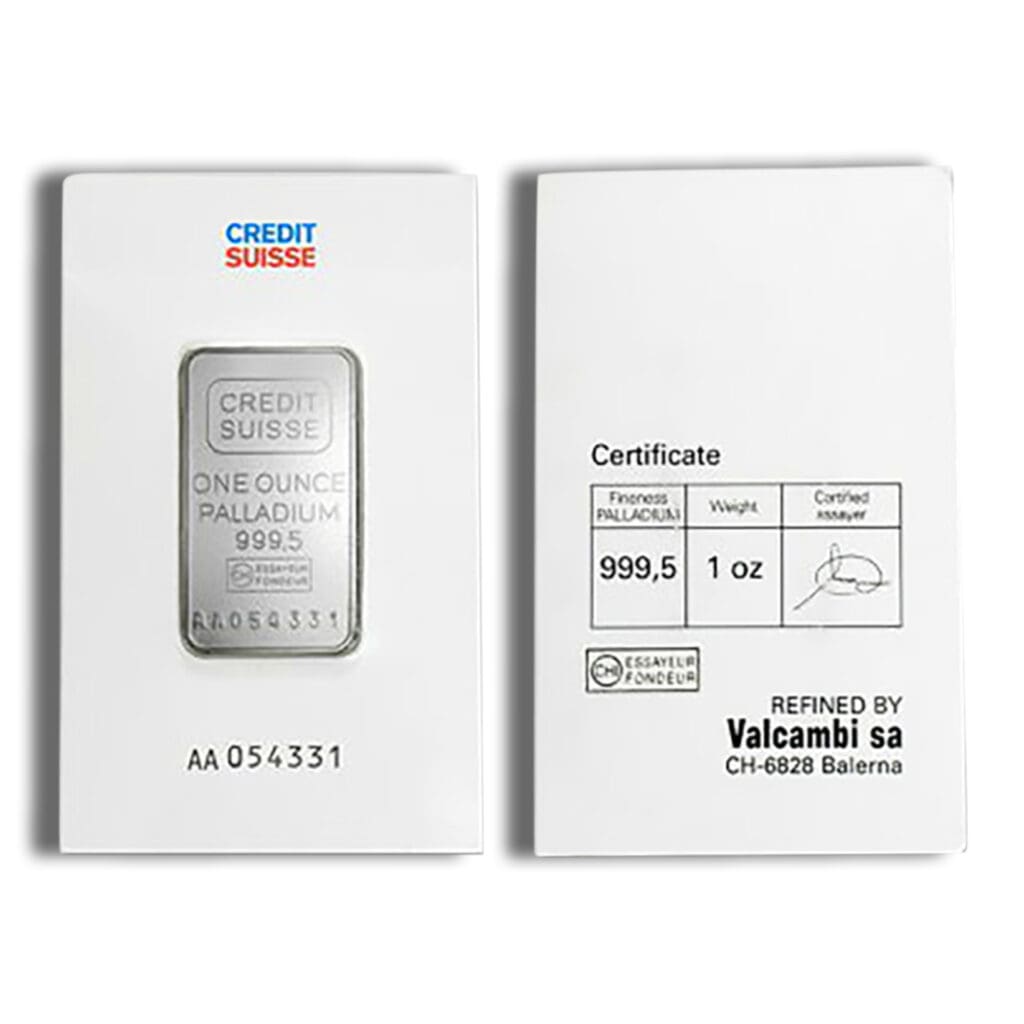 1 oz Credit Suisse Palladium Bar – reverse, repeating logo design