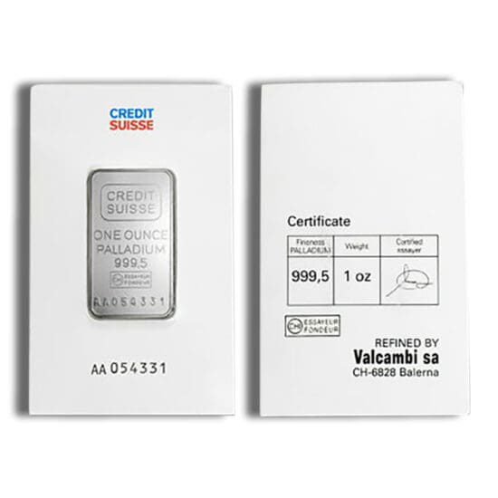 1 oz Credit Suisse Palladium Bar – reverse, repeating logo design