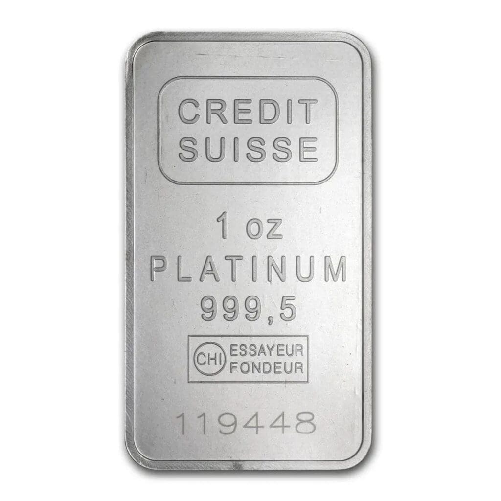 1 oz Credit Suisse Platinum Bar – obverse, .9995 fine with serial number