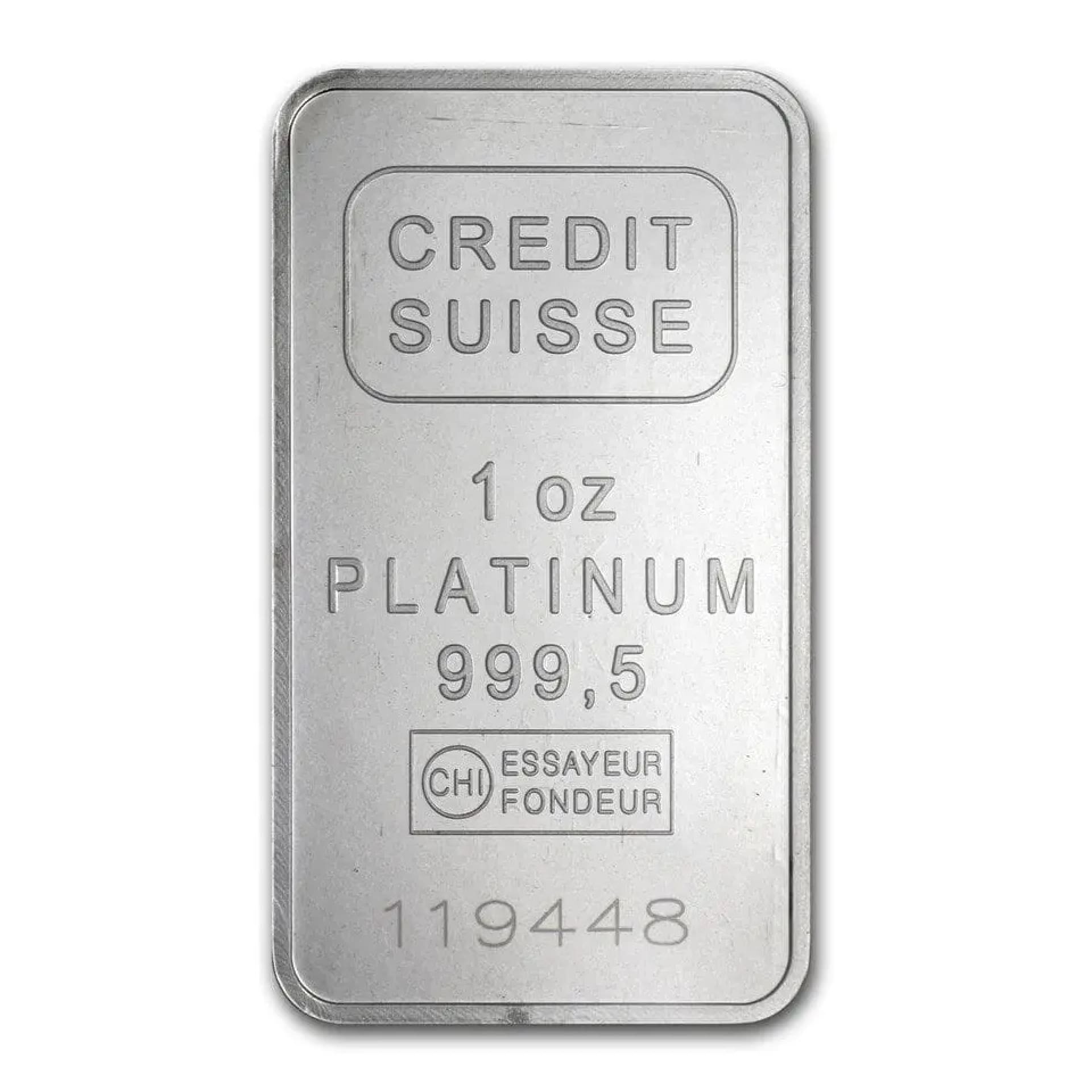 1 oz Credit Suisse Platinum Bar – obverse, .9995 fine with serial number