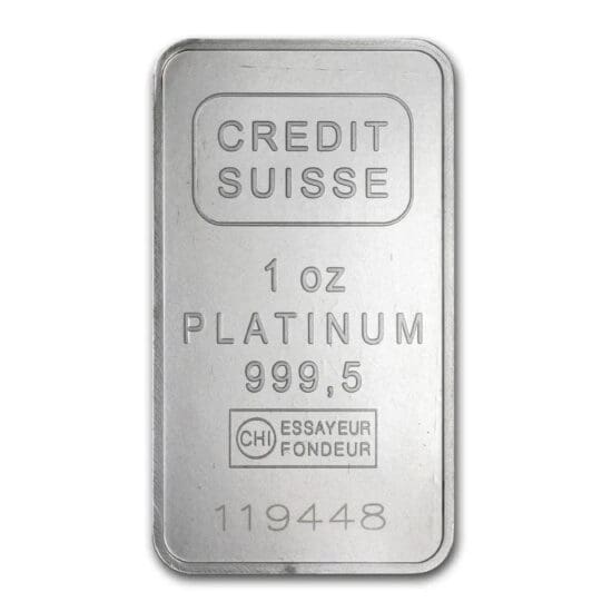 1 oz Credit Suisse Platinum Bar – obverse, .9995 fine with serial number