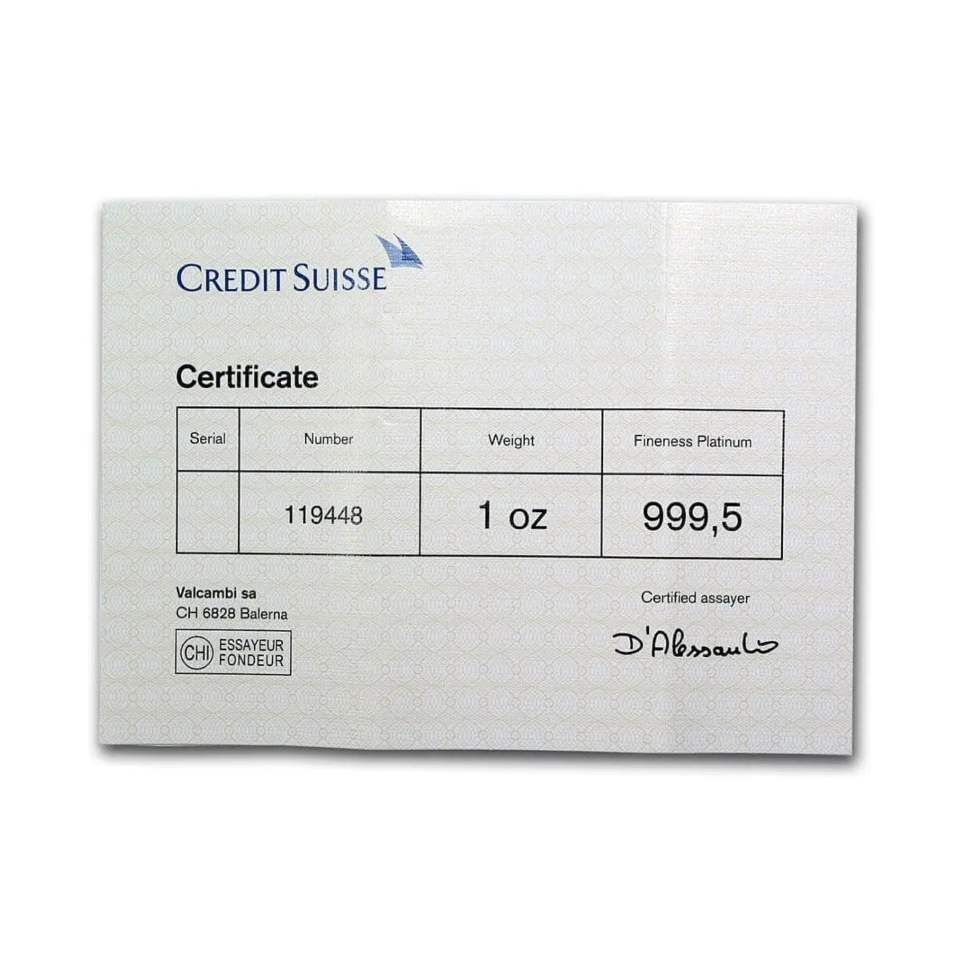 1 oz Credit Suisse Platinum Bar – assay certificate only, .9995 fine platinum