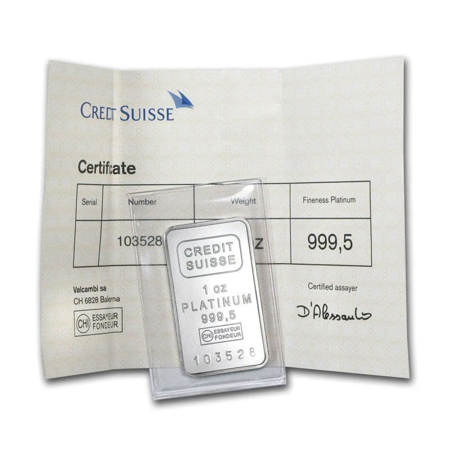 1 oz Credit Suisse Platinum Bar – bar with sealed assay card, .9995 fine platinum
