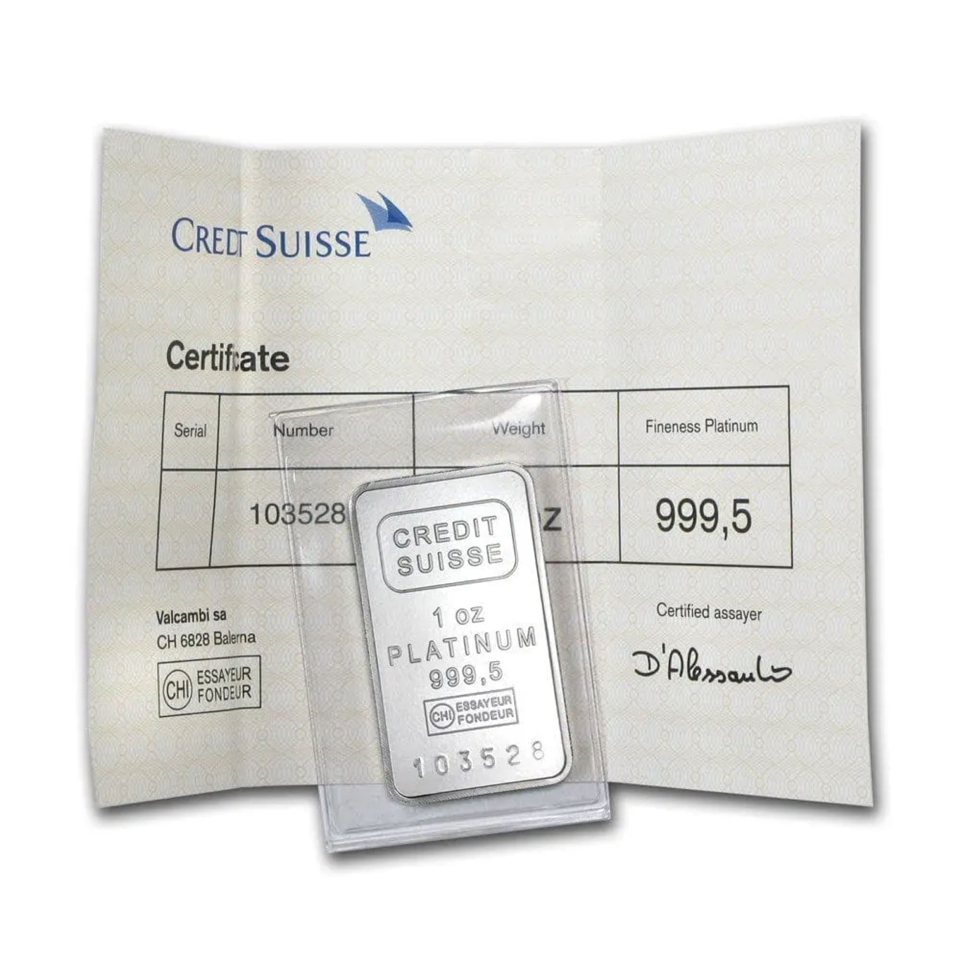 1 oz Credit Suisse Platinum Bar – bar with sealed assay card, .9995 fine platinum