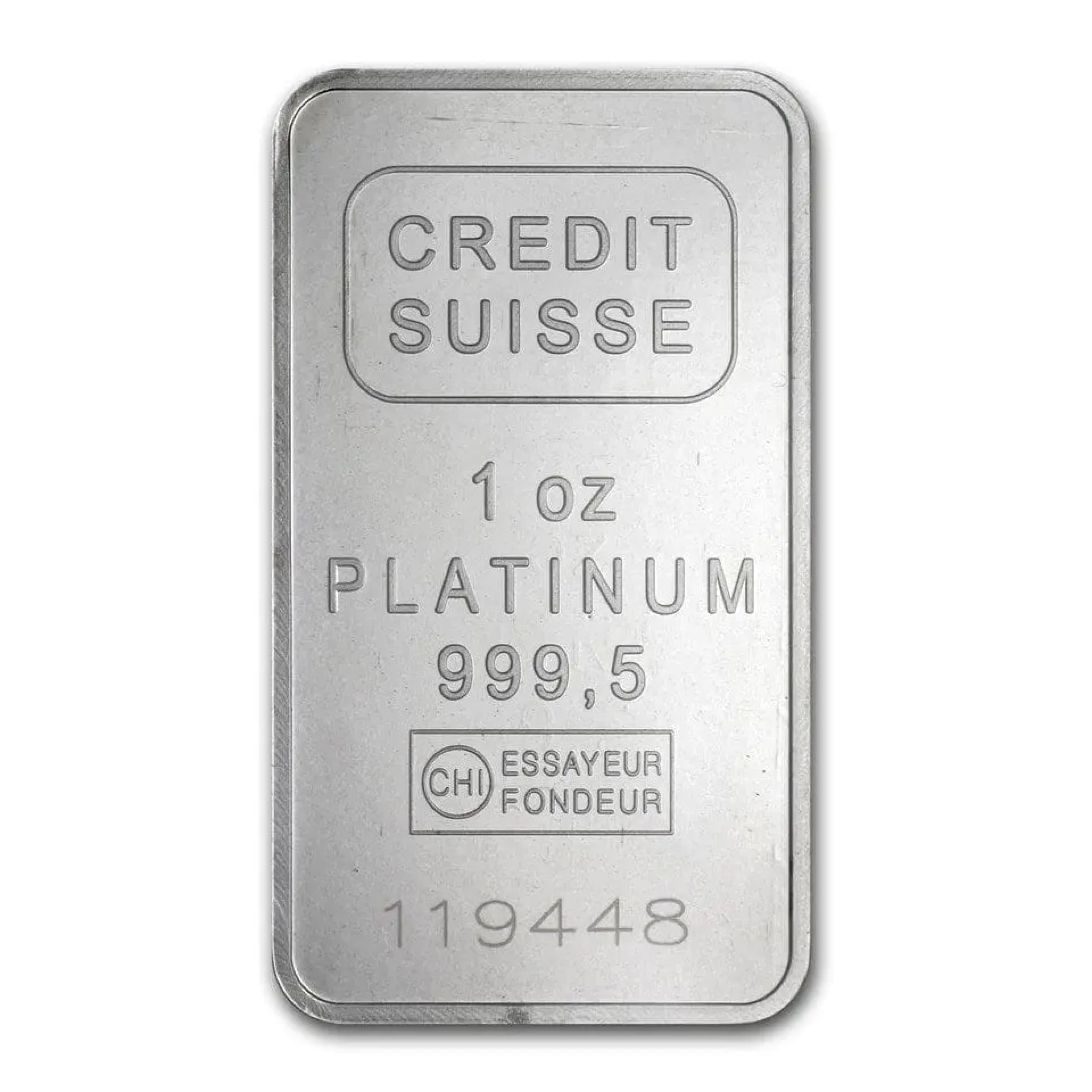 1 oz Credit Suisse Platinum Bar – obverse, .9995 fine with serial number
