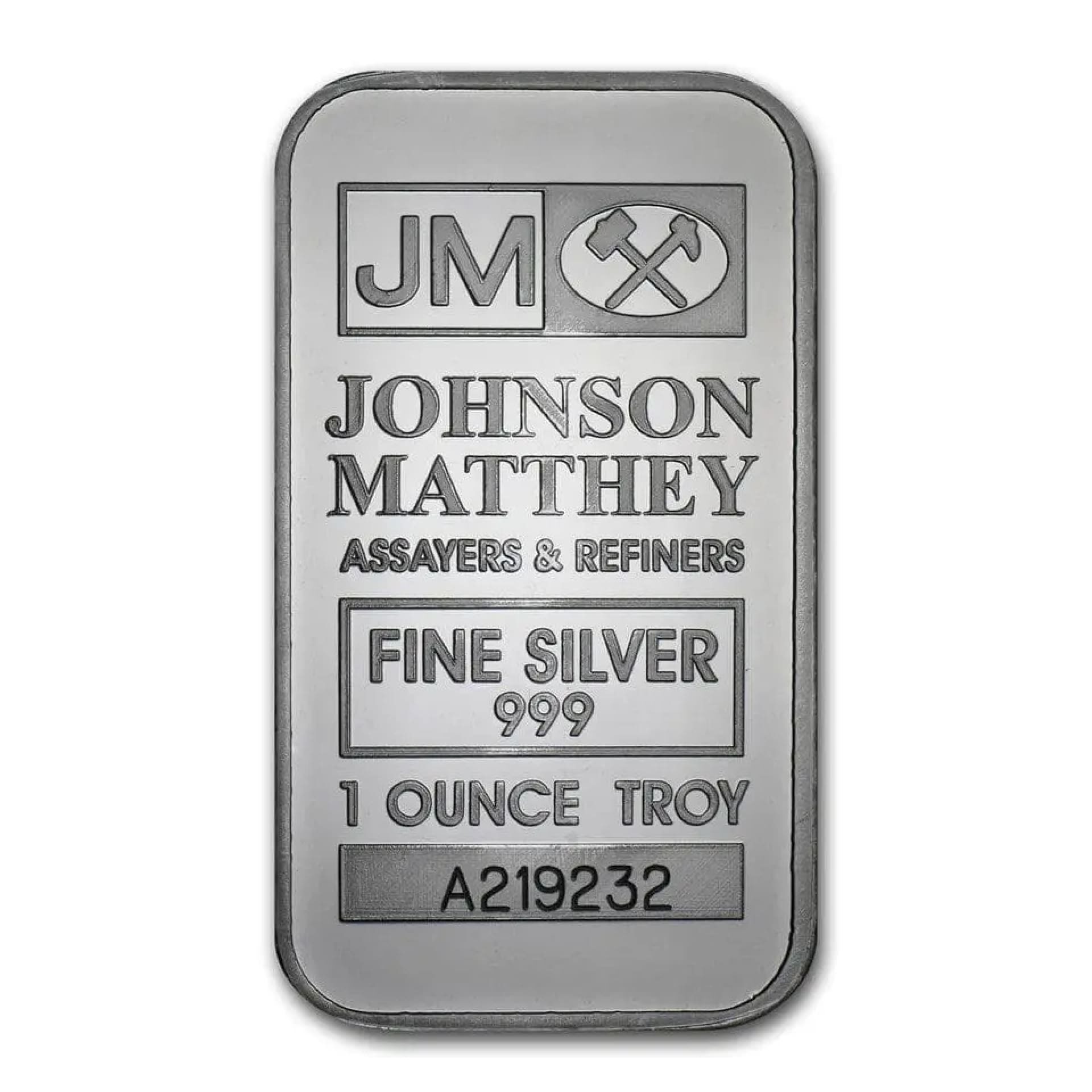 1 oz Silver Bar Johnson Matthey – obverse, .999 fine silver with logo