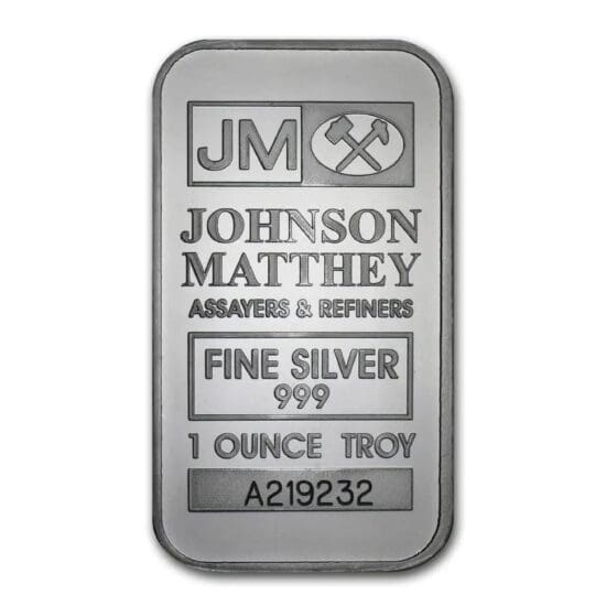 1 oz Silver Bar Johnson Matthey – obverse, .999 fine silver with logo
