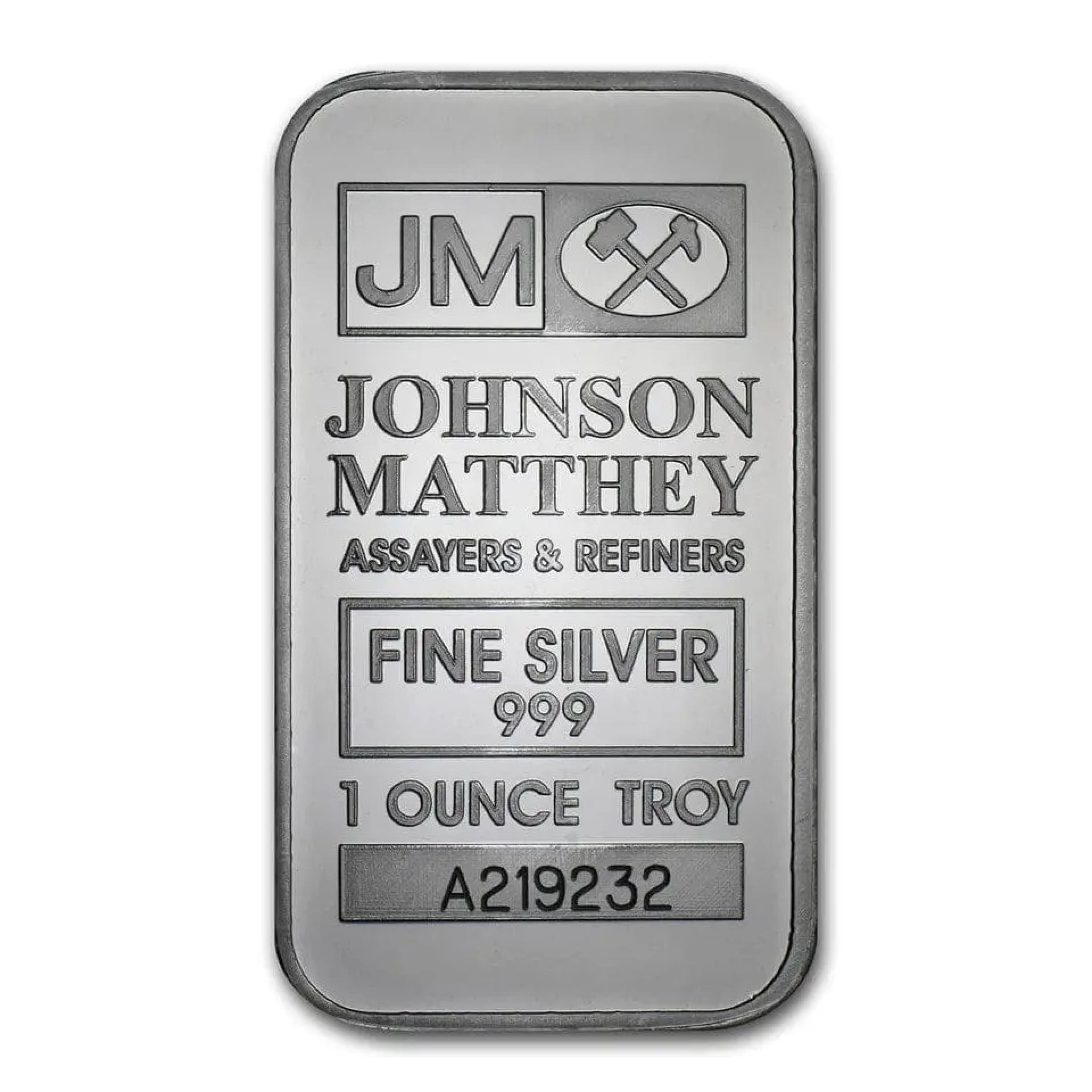 1 oz Silver Bar Johnson Matthey – obverse, .999 fine silver with logo
