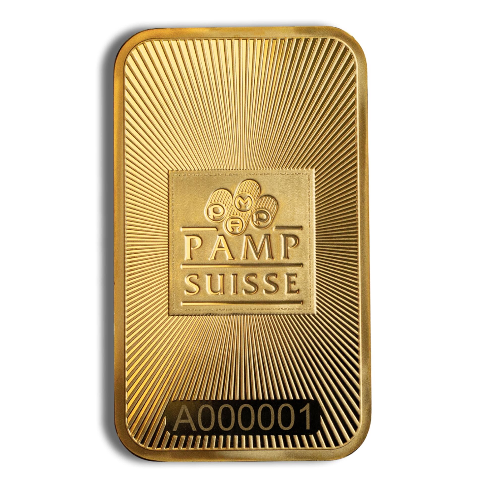 1 oz Gold Bar PAMP Suisse – reverse with weight, purity, and serial number