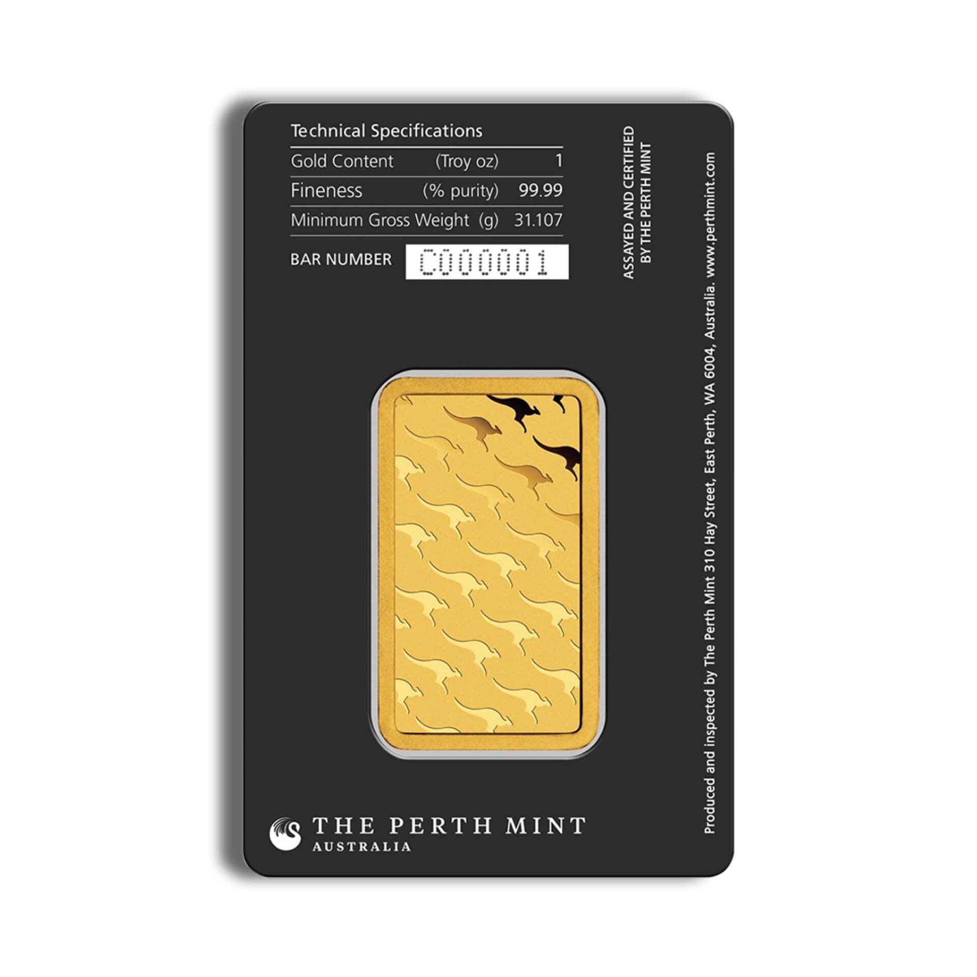 Reverse of 1 oz Perth Mint gold bar in sealed assay