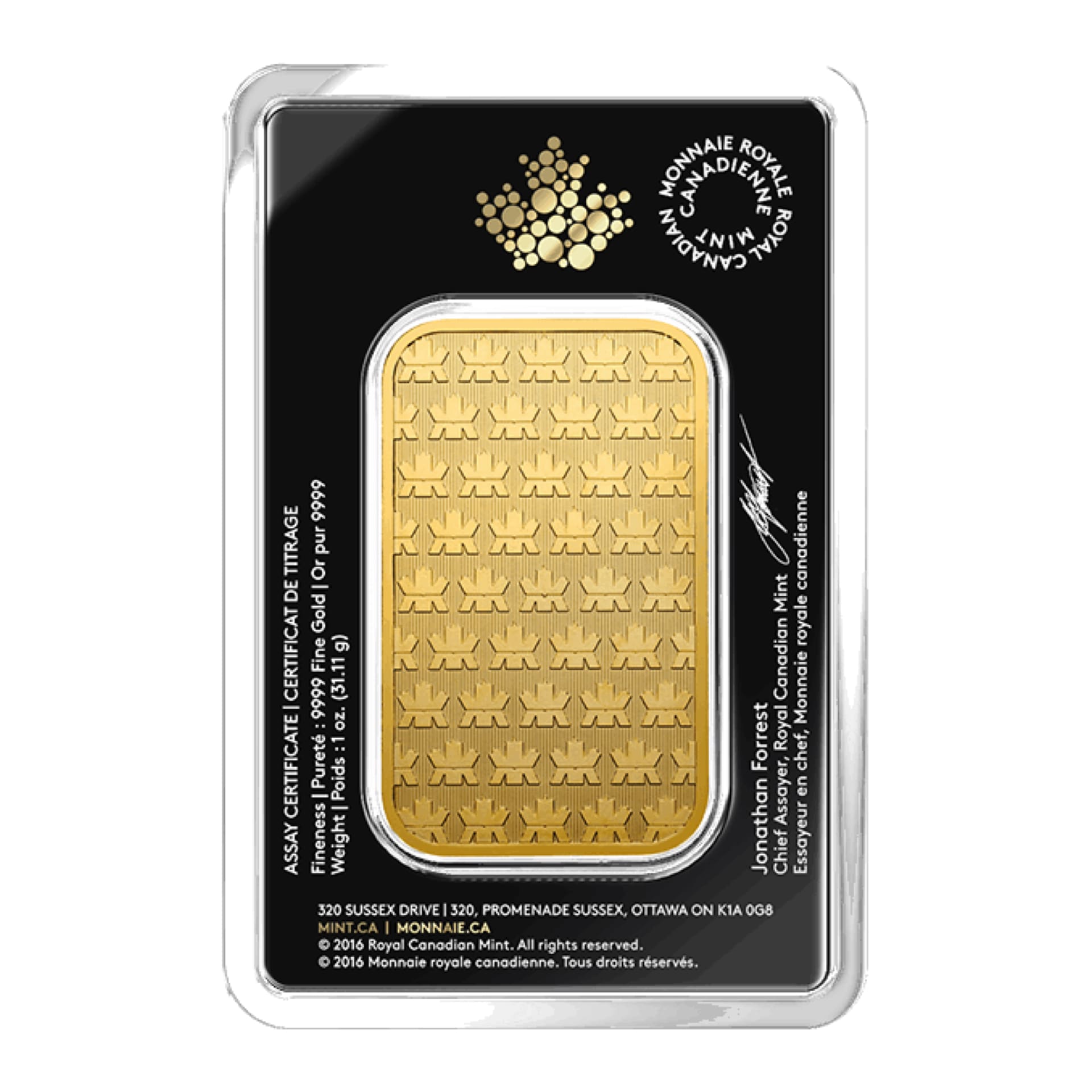 Reverse of 1 oz Royal Canadian Mint gold bar
