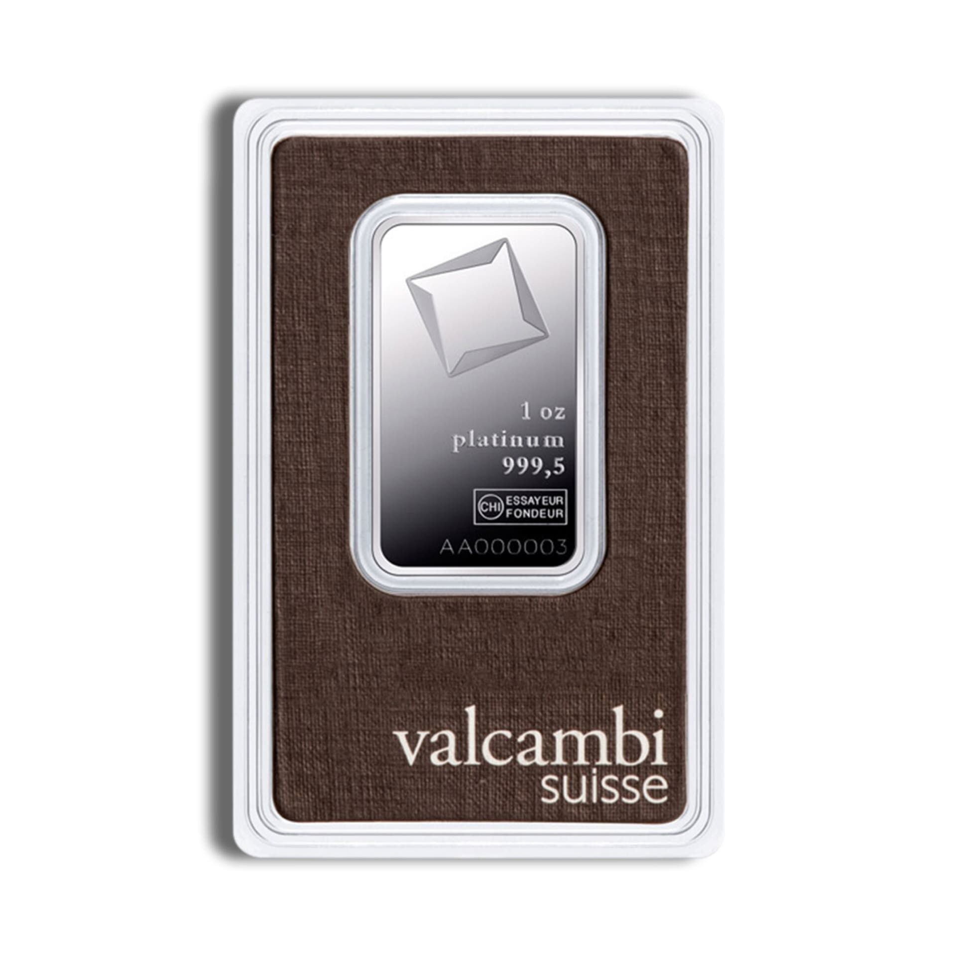 1 oz Valcambi platinum bar obverse in sealed assay