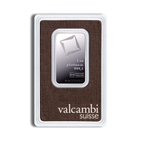 1 oz Valcambi platinum bar obverse in sealed assay