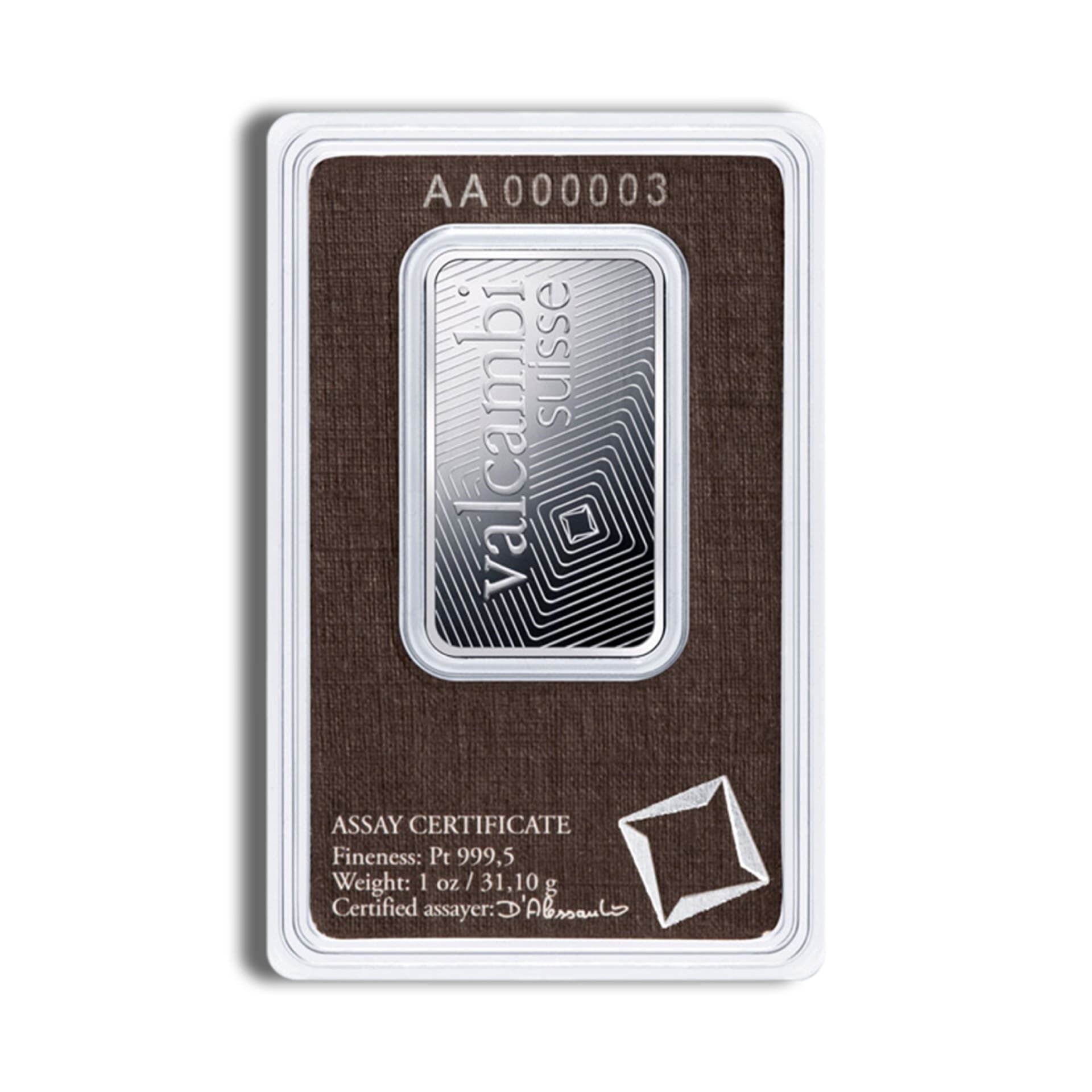 Reverse view of 1 oz Valcambi platinum bar
