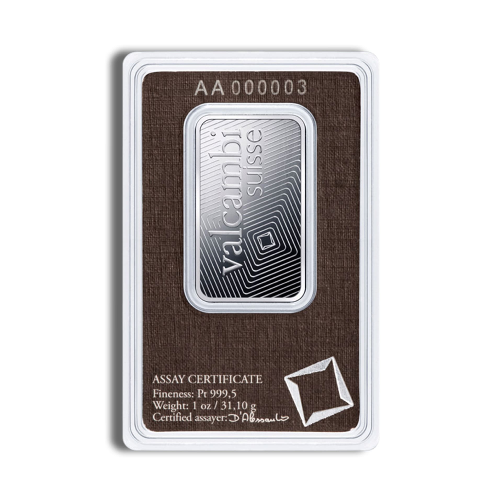 Reverse view of 1 oz Valcambi platinum bar