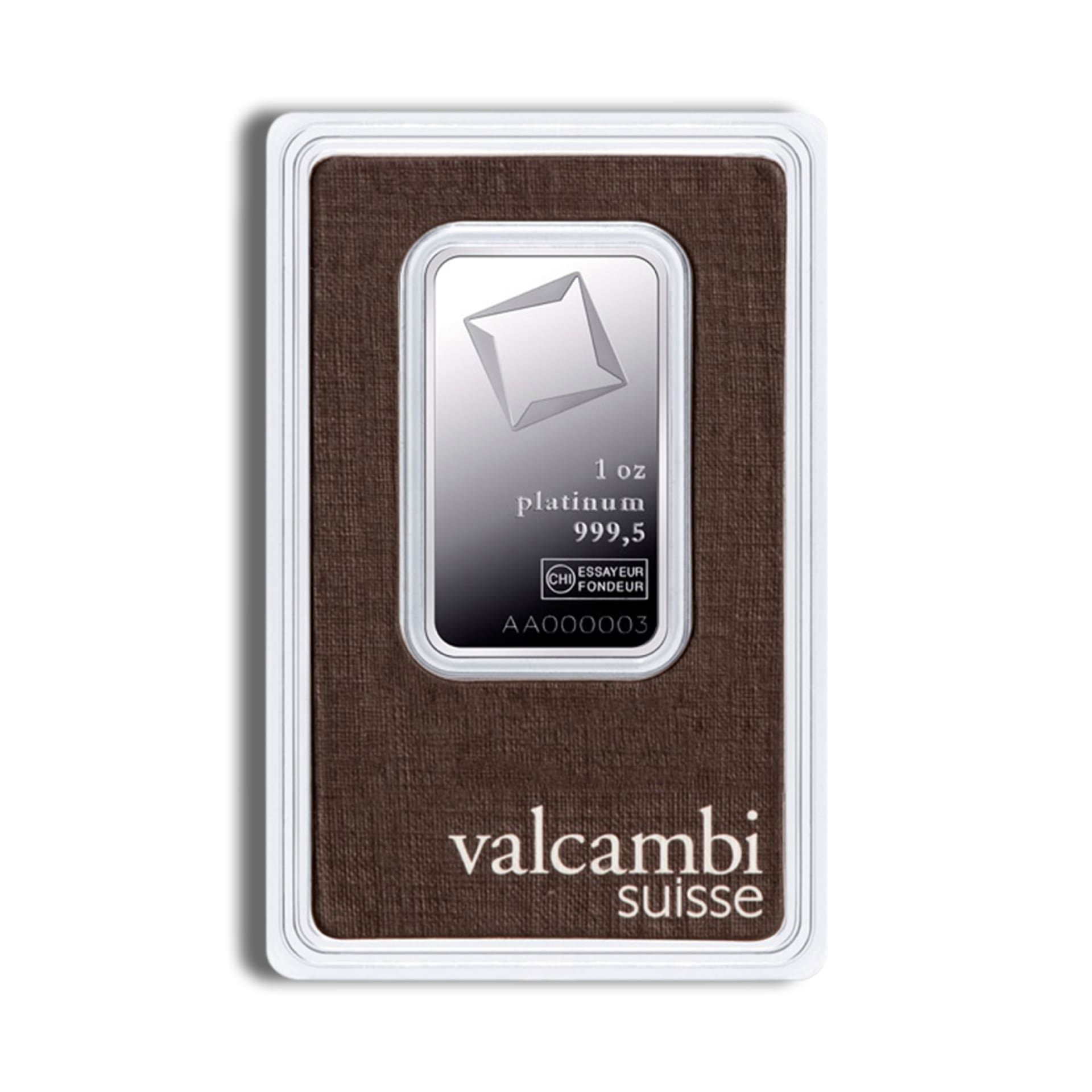 1 oz Valcambi platinum bar obverse in sealed assay