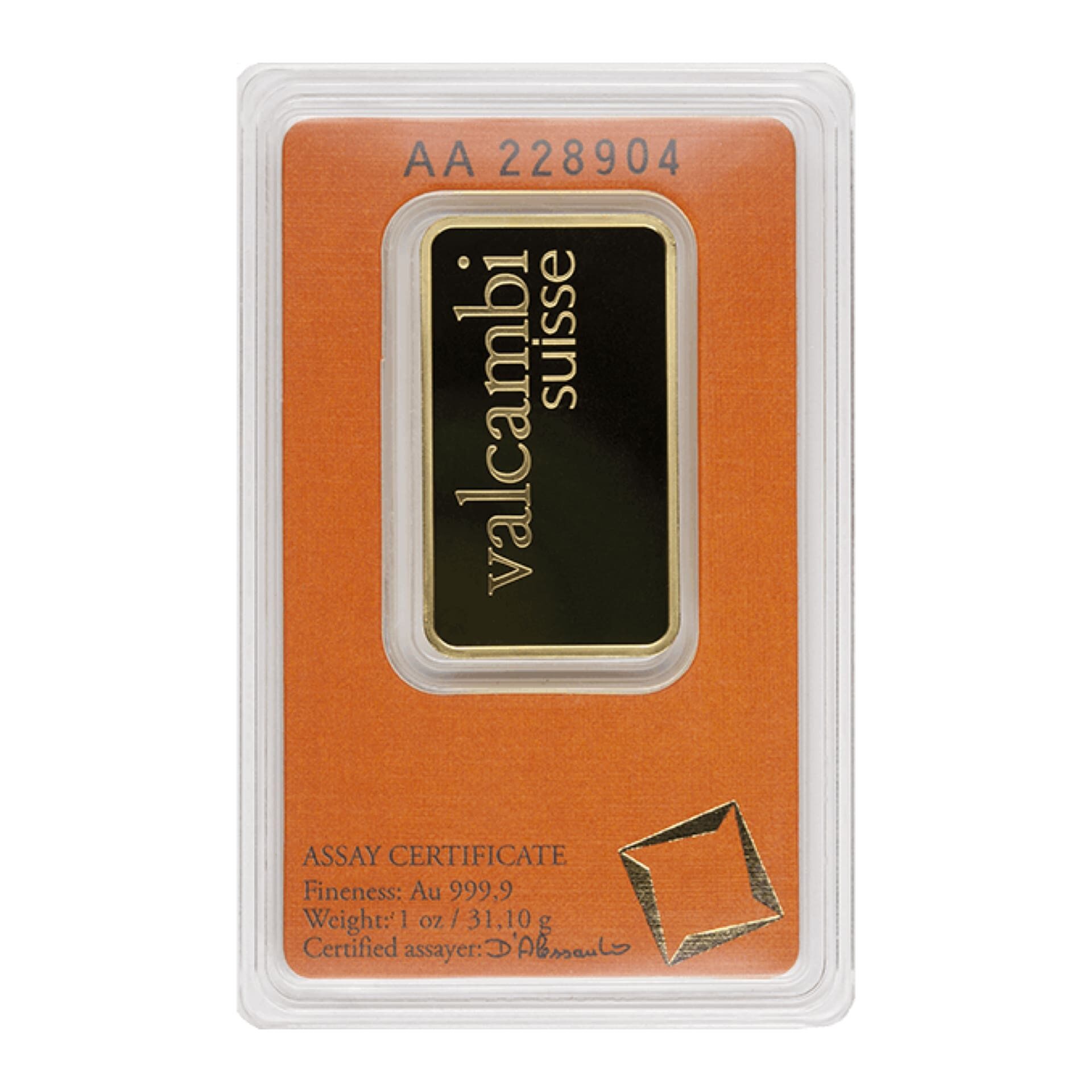 Reverse of 1 oz Valcambi Suisse gold bar