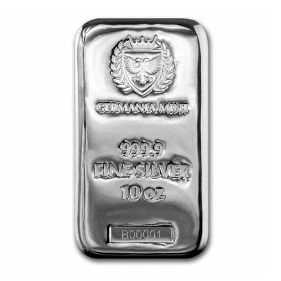 Obverse of 10 oz Germania Mint cast silver bar