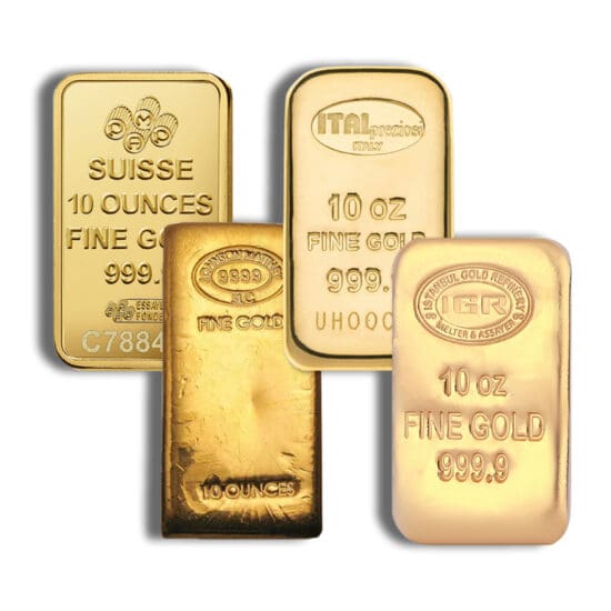 Group of 10 oz LBMA-eligible gold bars from various refiners