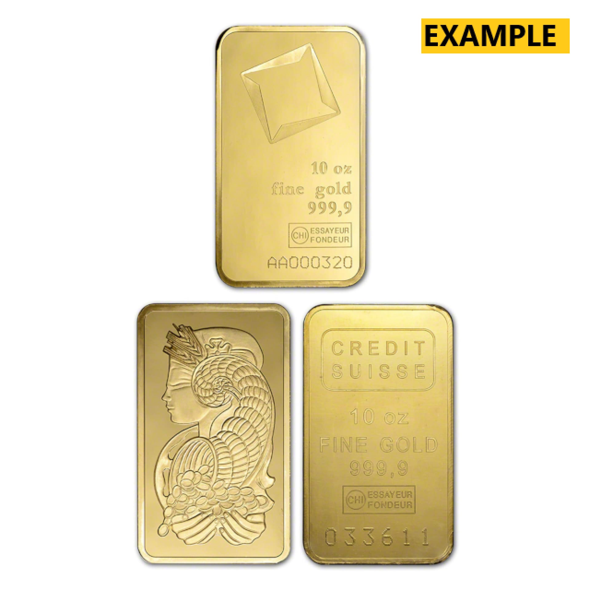 Obverse examples of LBMA-eligible 10 oz gold bars