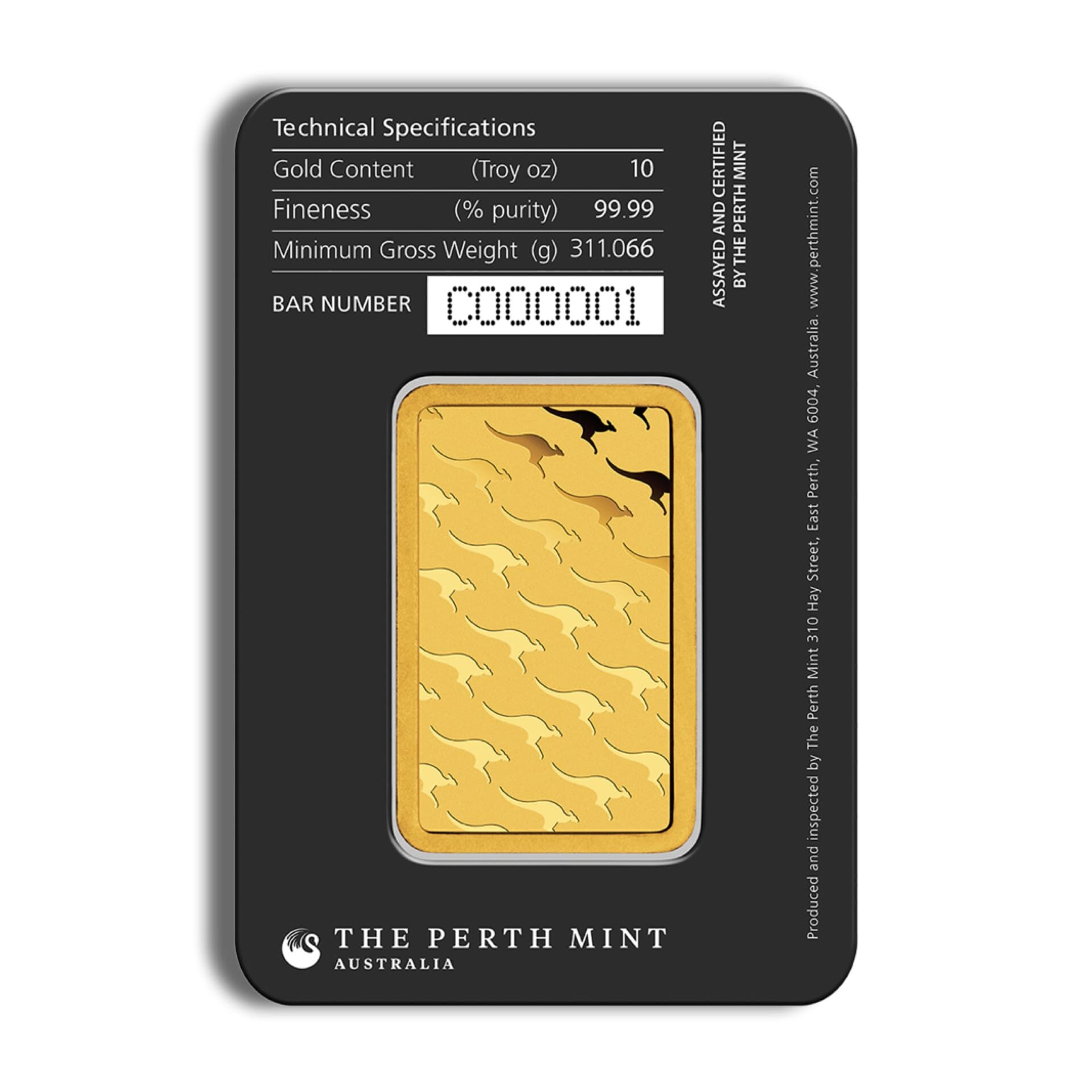 Reverse of 10 oz gold bar Perth Mint assay packaging
