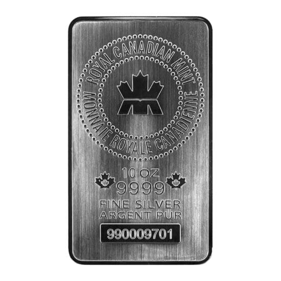 Obverse of 10 oz Royal Canadian Mint silver bar