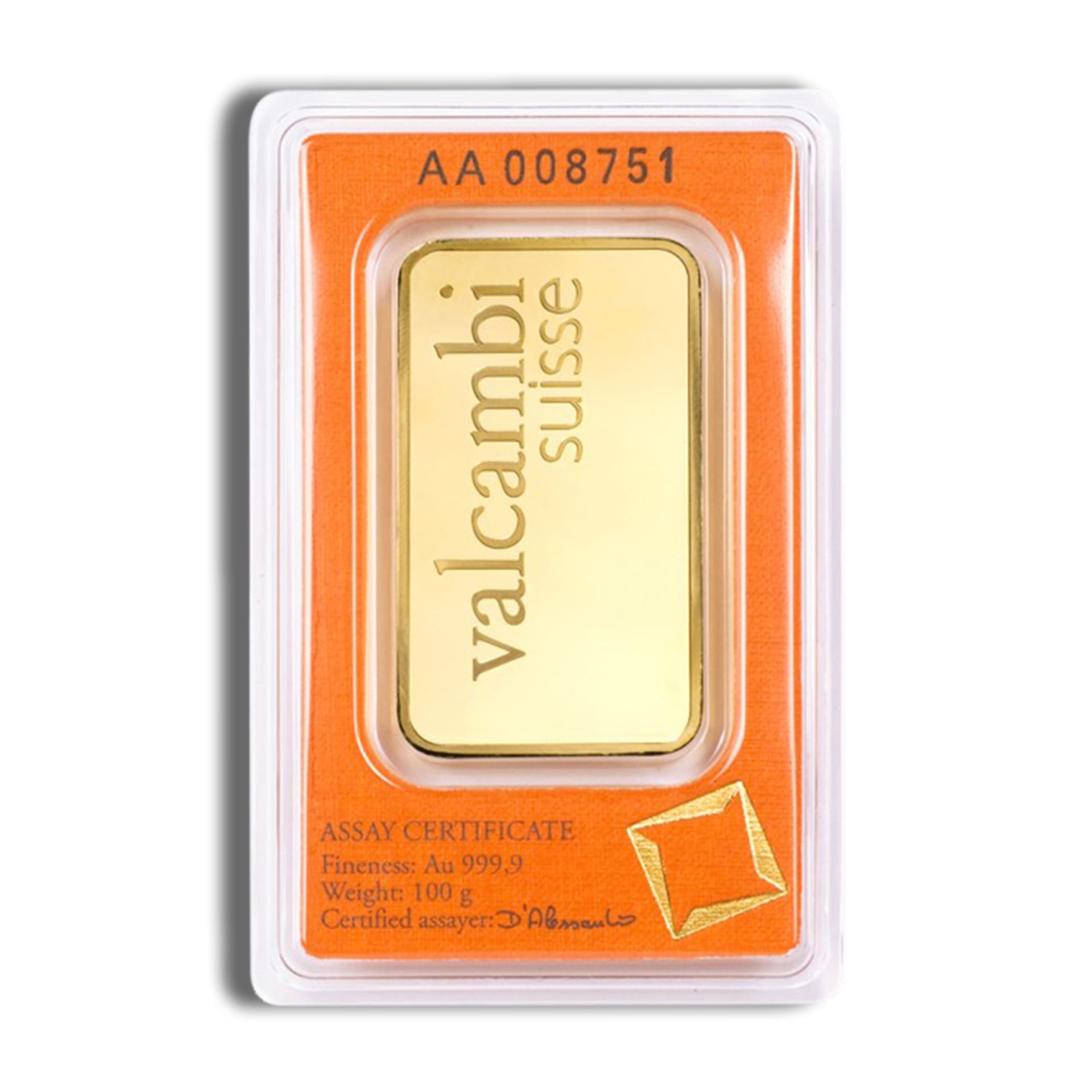 Reverse of 100 gram gold bar minted by Valcambi