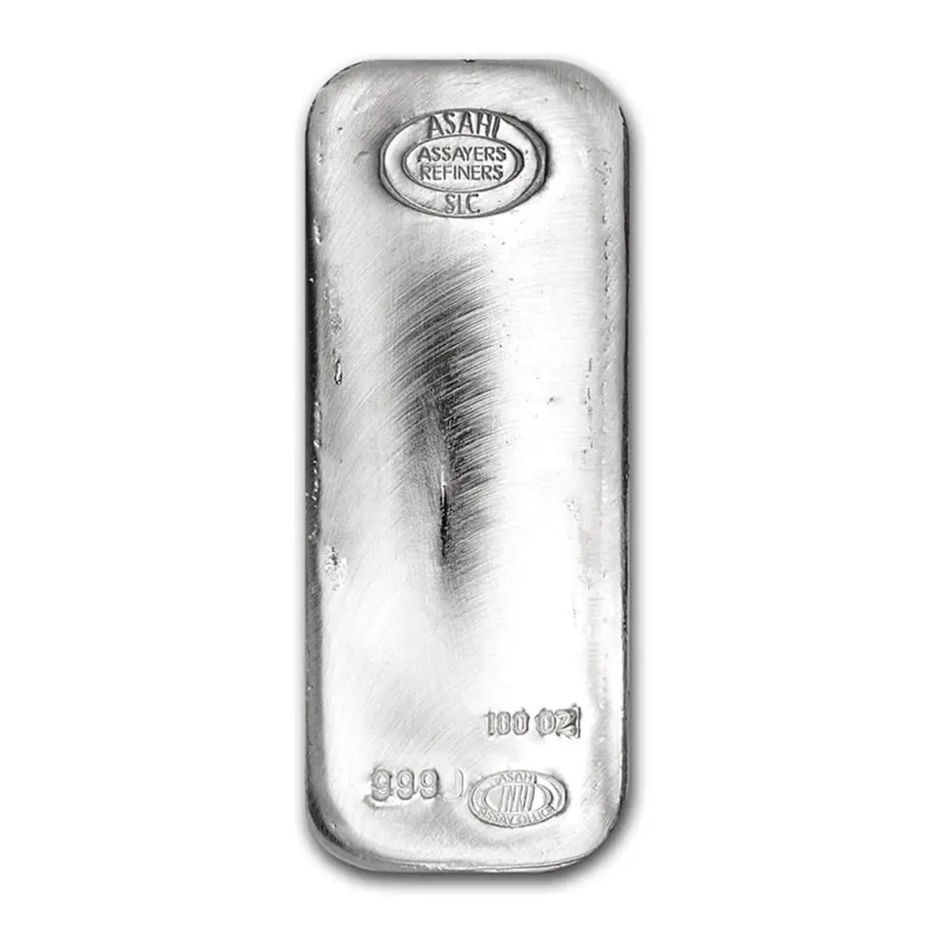 Obverse of 100 oz Asahi silver bar from SLC facility