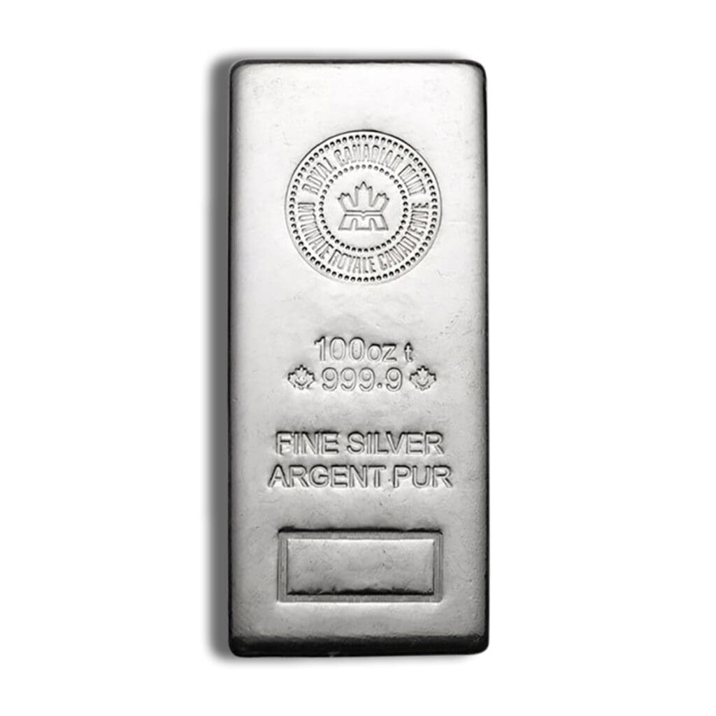 Obverse of 100 oz Royal Canadian Mint silver bar