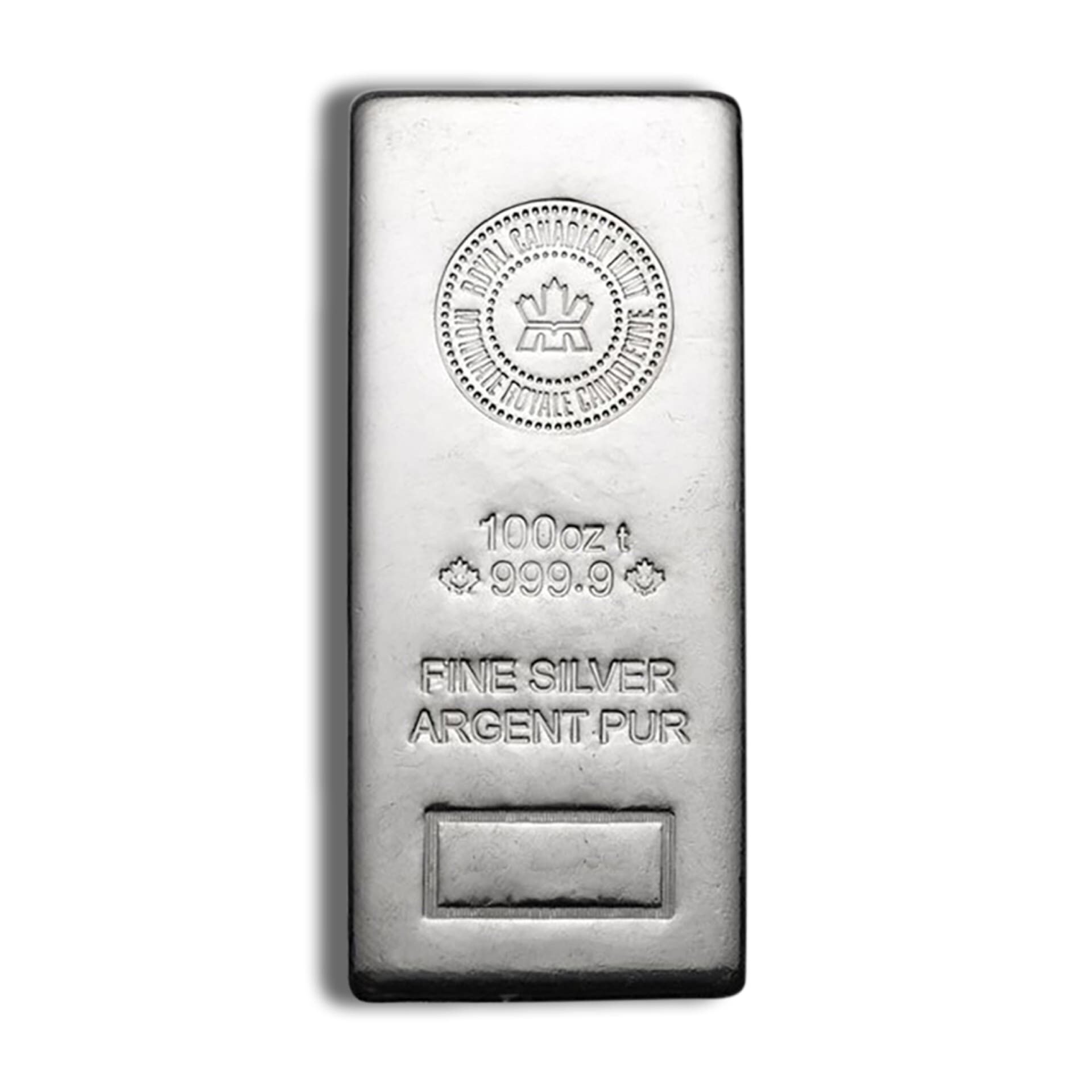 Obverse of 100 oz Royal Canadian Mint silver bar