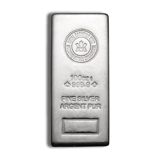 Obverse of 100 oz Royal Canadian Mint silver bar