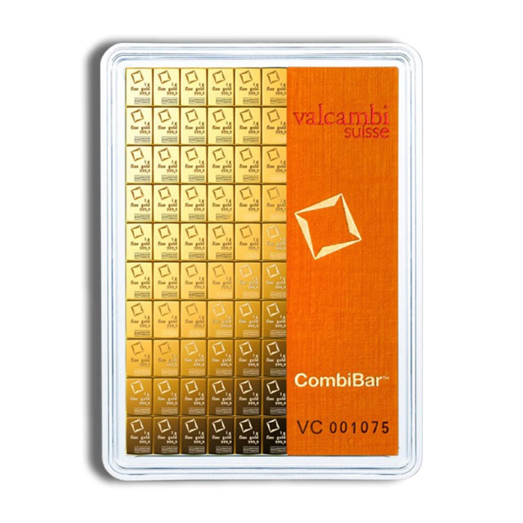 Obverse of 100 x 1 gram Valcambi Gold CombiBar