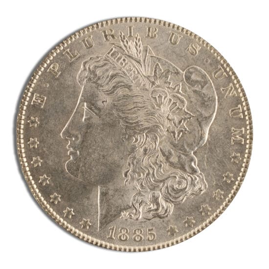 Obverse of AU Morgan Silver Dollar from varied date range