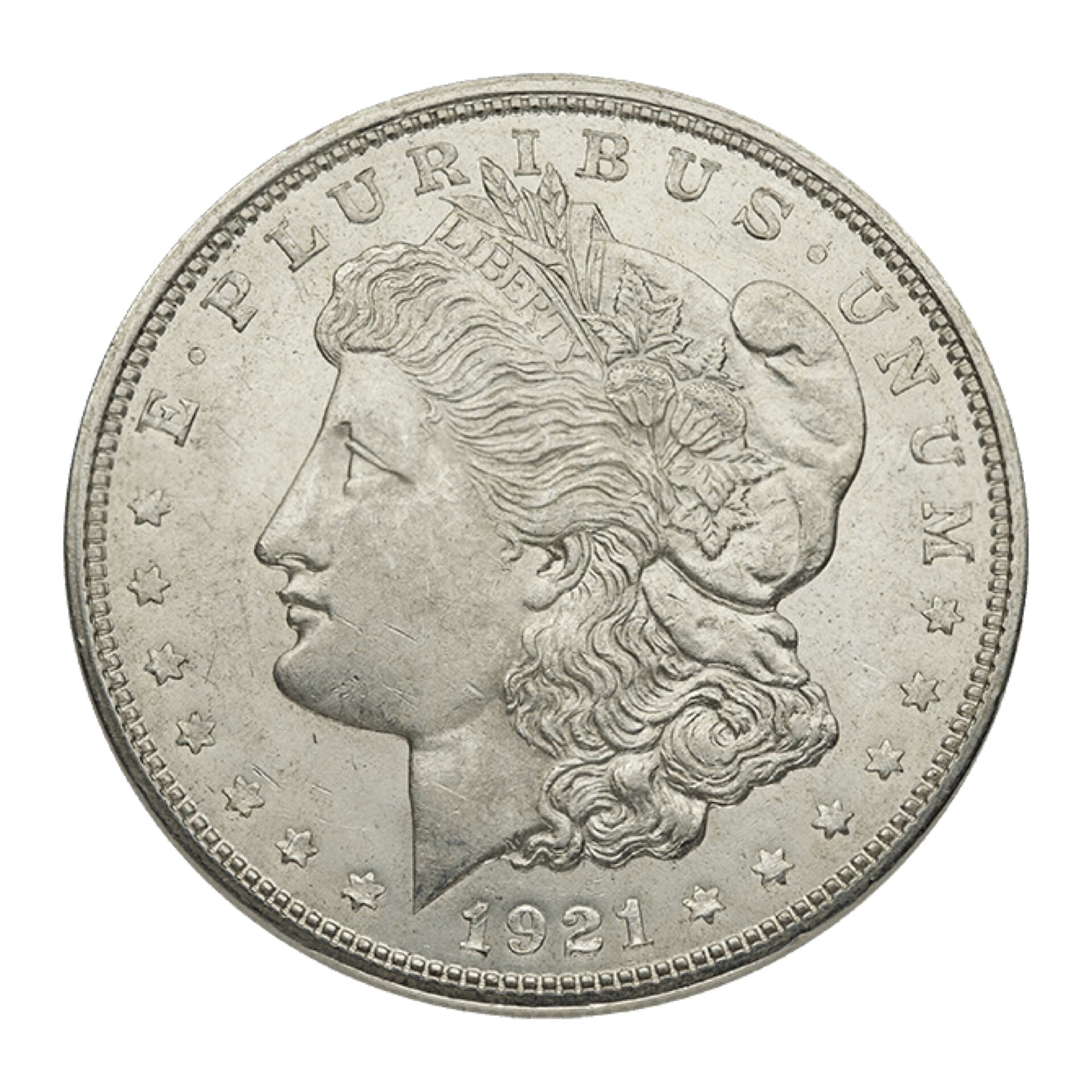 Obverse of 1921 Morgan Silver Dollar in AU condition