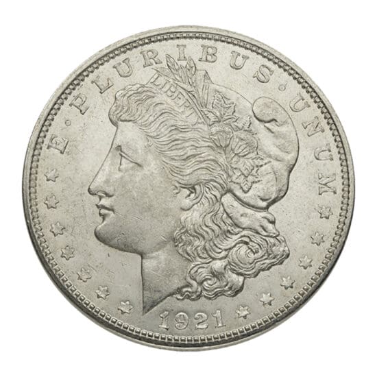 Obverse of 1921 Morgan Silver Dollar in AU condition
