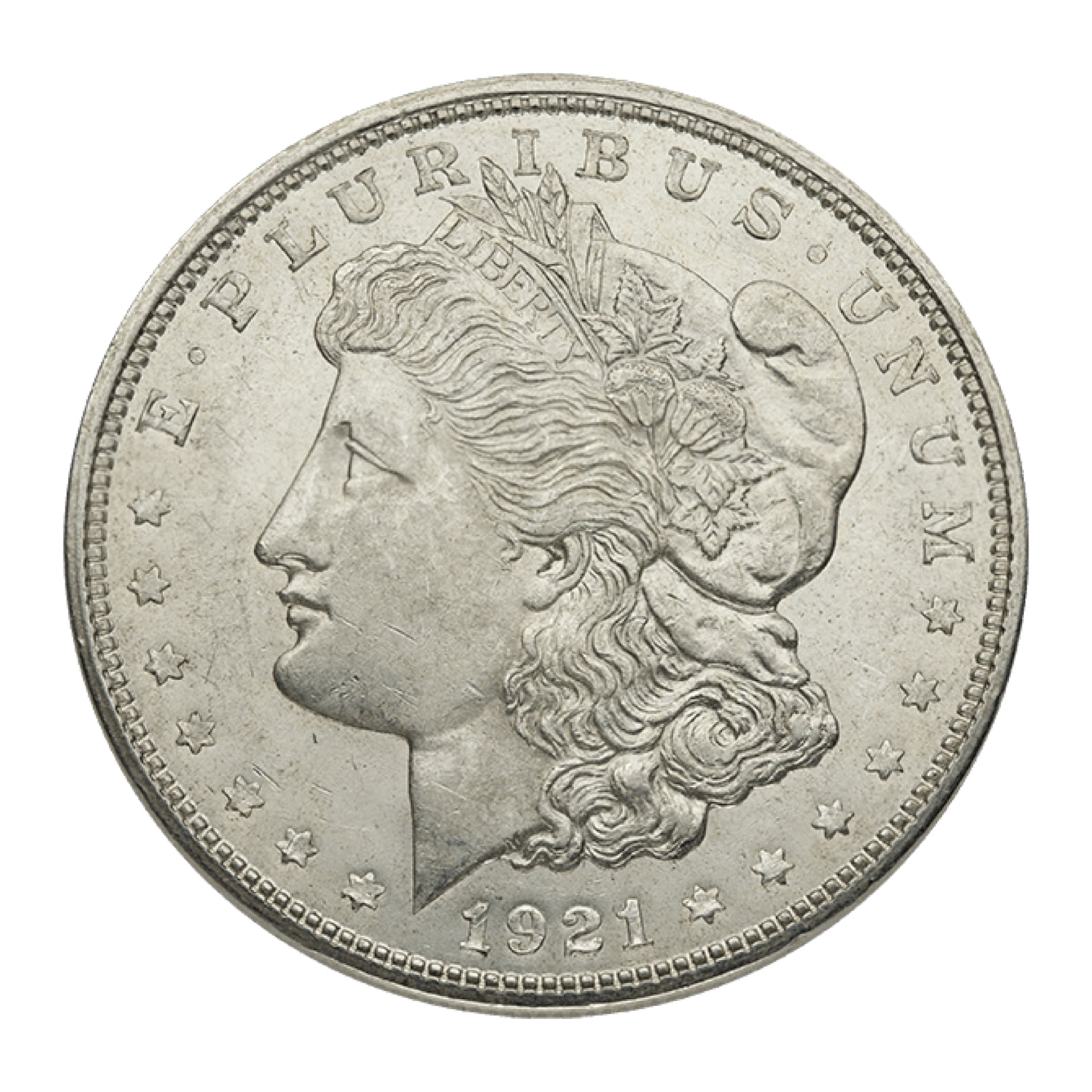Obverse of 1921 Morgan Silver Dollar in AU condition