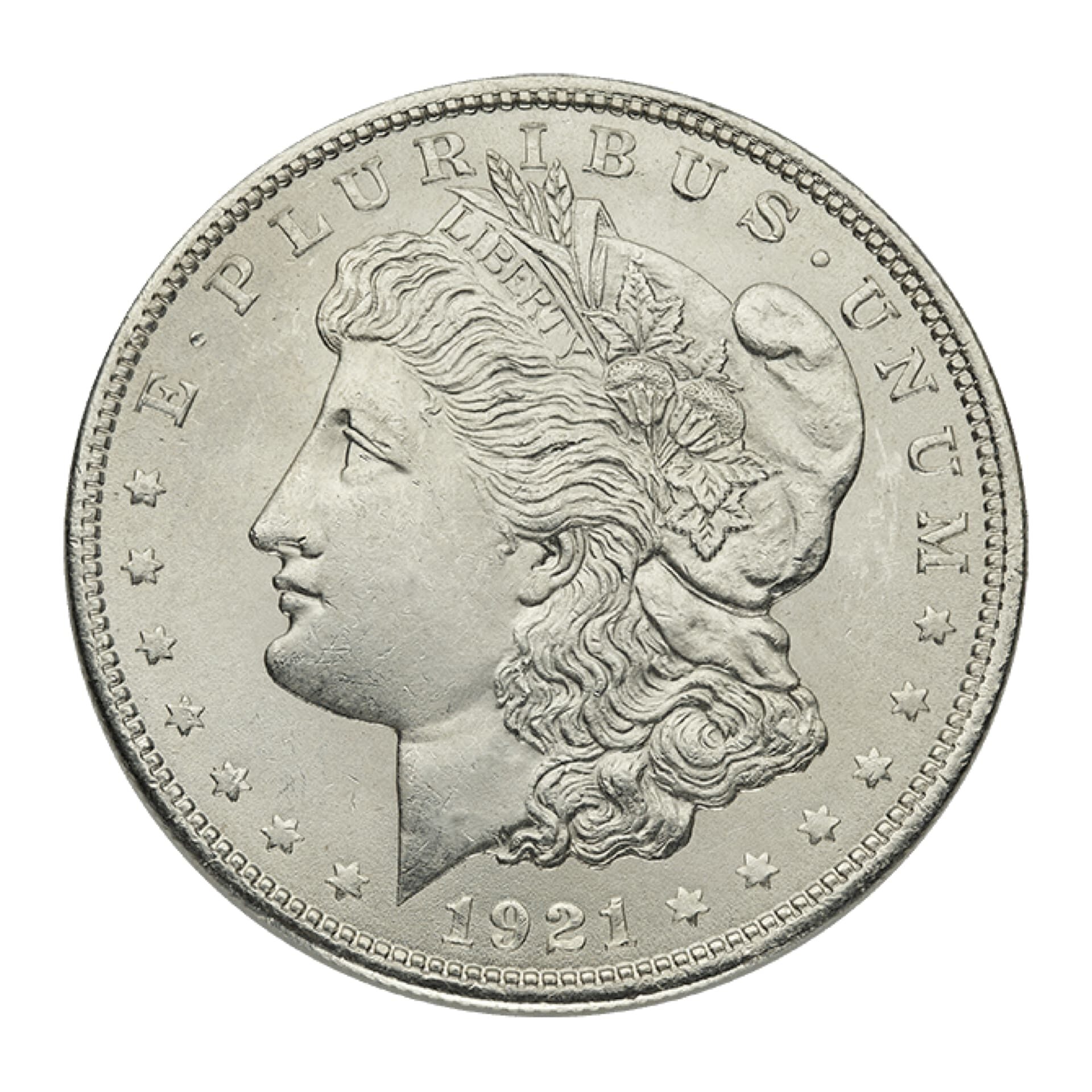 Obverse of 1921 Morgan Silver Dollar in BU condition