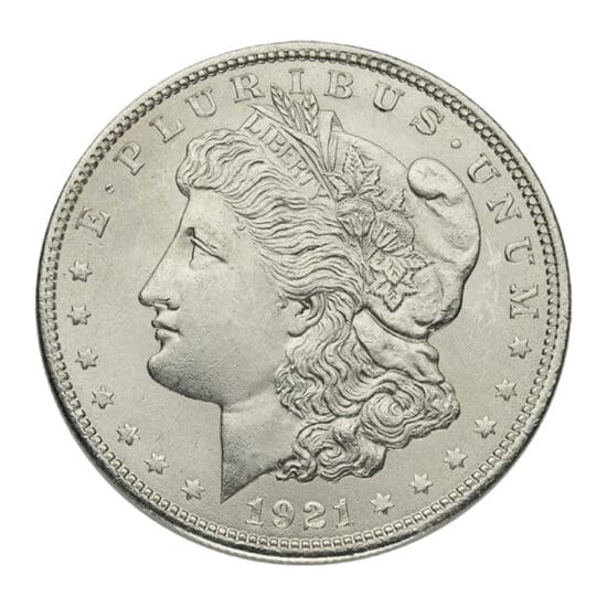 Obverse of 1921 Morgan Silver Dollar in BU condition