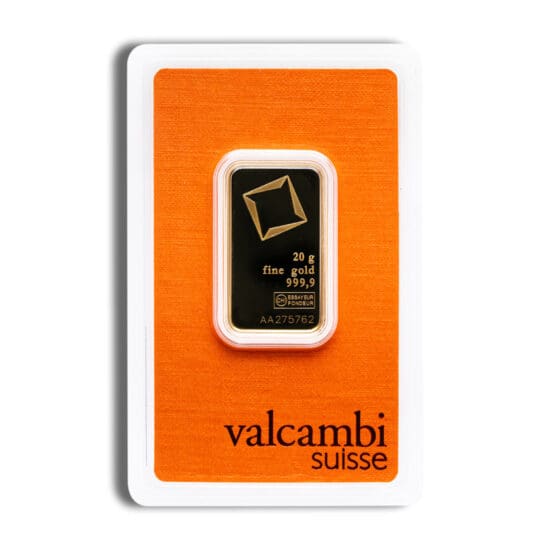 Obverse of 20 gram Valcambi Suisse gold bar