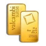 Obverse and reverse of 20 gram Valcambi Suisse gold bar