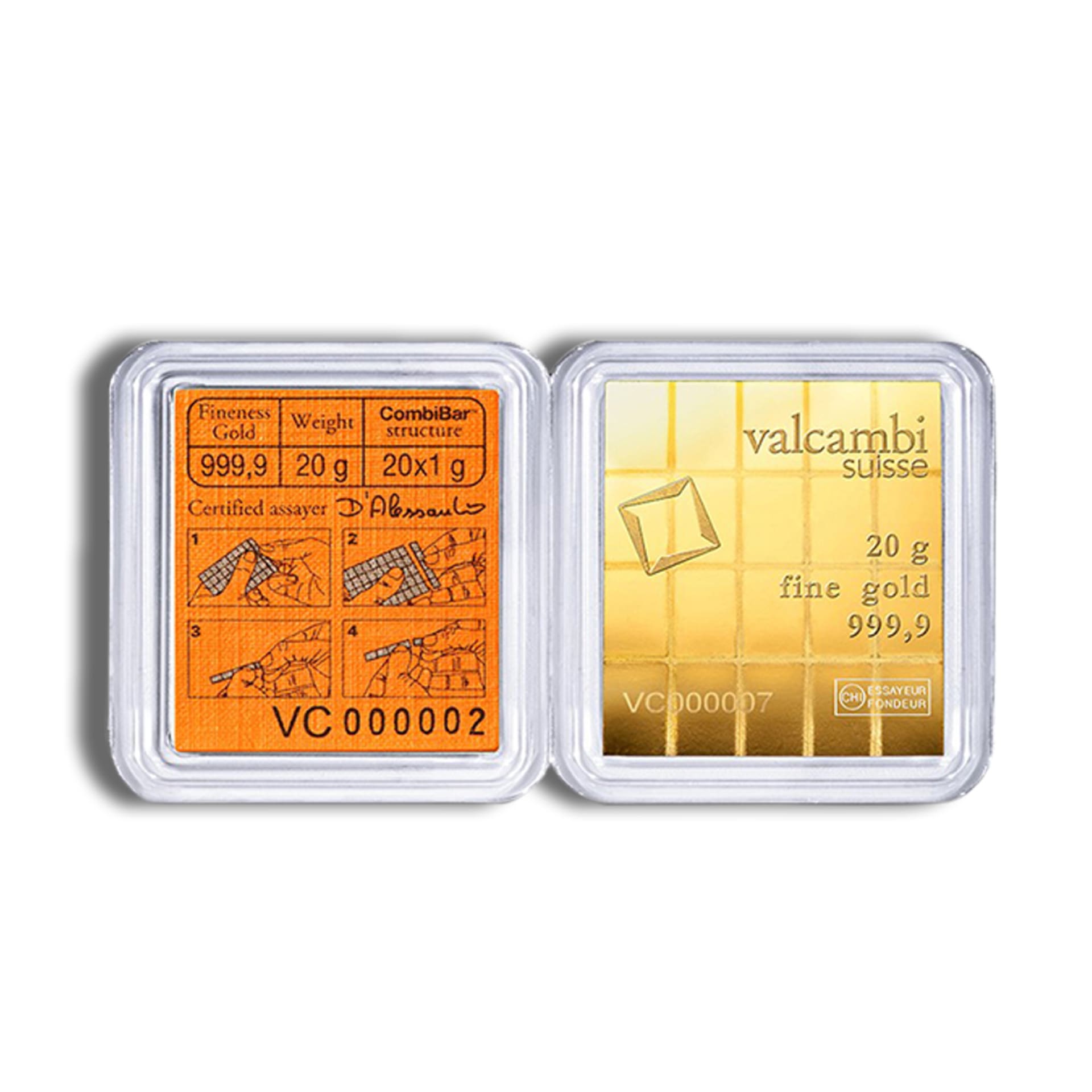 Reverse of 20 gram Valcambi Gold CombiBar