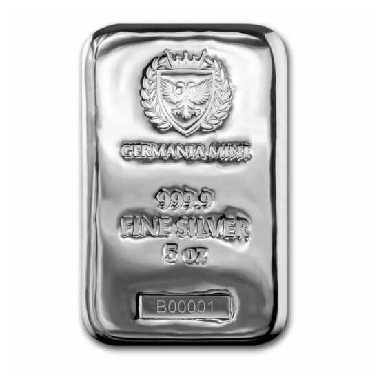 5 oz Germania Mint cast silver bar obverse showing logo and .9999 purity