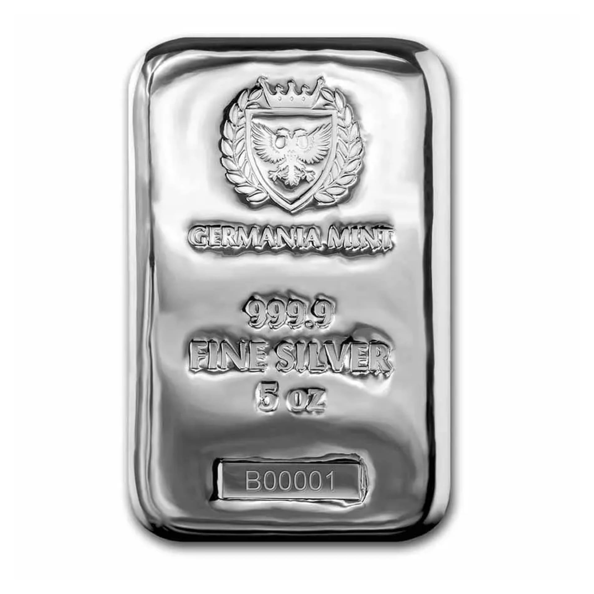 5 oz Germania Mint cast silver bar obverse showing logo and .9999 purity